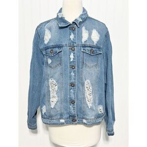 Highway Jeans Women's Distressed Collared‎ Button Down Denim Jacket Blue Size 1X